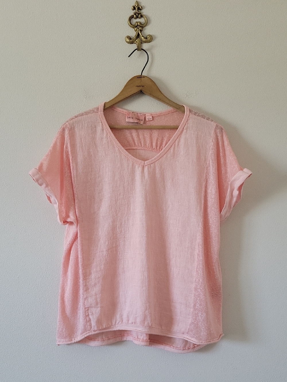 Belle France Linen Short Sleeve Tee Peach Pink Size Large